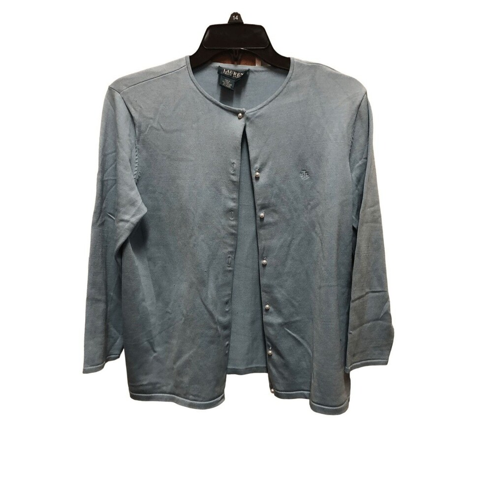 Lauren Ralph Lauren Women’s Baby Blue Pearl Button Up 3/4 Sleeve Cardigan Size M